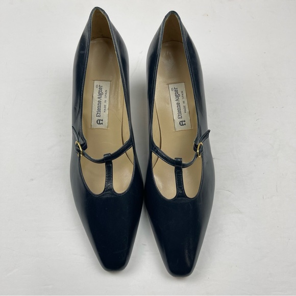 Vintage 80’s Etienne Aigner Athena Navy Blue Leather Buckle Heels Women’s 10W - Picture 2 of 7